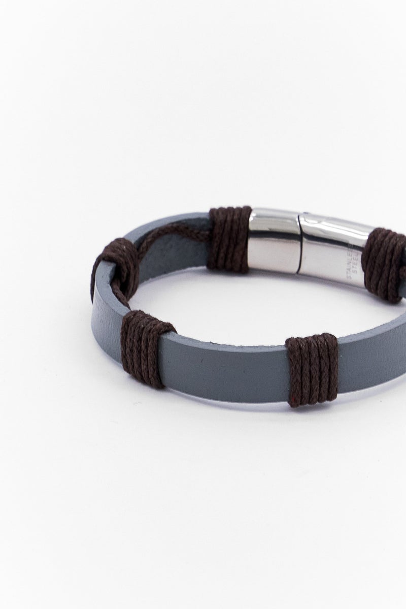 Steeltime Men Leather And Stainless Steel Bracelet, Grey - Image 3